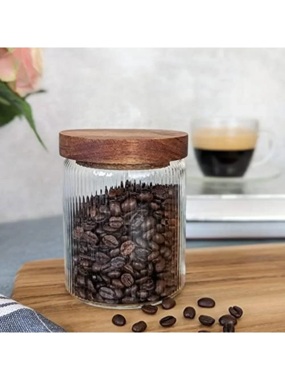 Ribbed Glass Storage Canisters with Wooden Lids, 17oz Set of 3 | Airtight